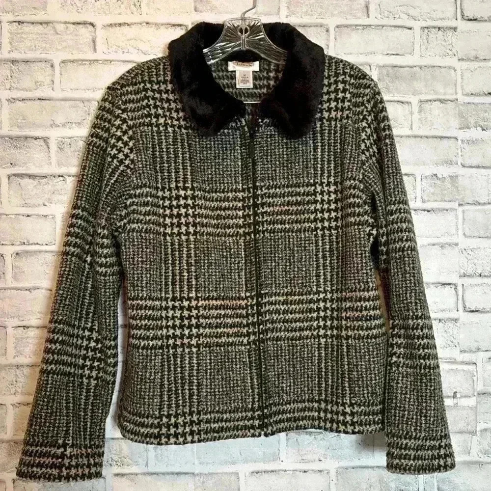 Vintage Talbots Jacket Womens M Black Plaid‎ Faux Fur Collar Full Zip